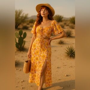 Floral Lace-Up Cutout Midi Dress – Yellow/Pink Print, Size M, NWOT